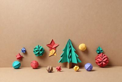 The primary subject of the image is a collection of paper stars and a paper tree, all arranged on a table. The setting is a table with a brown surface, and the visual style is a combination of photo and digital art. The colors and mood of the image are predominantly warm and festive, with the paper stars and tree creating a cheerful and creative atmosphere.